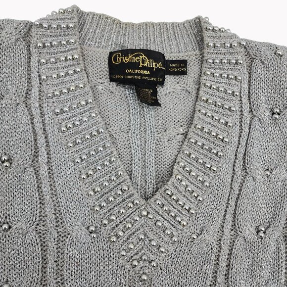 Vintage Christine Phillipe Silver Beaded Sweater With Sparkle & Shoulder Pads - Picture 2 of 8